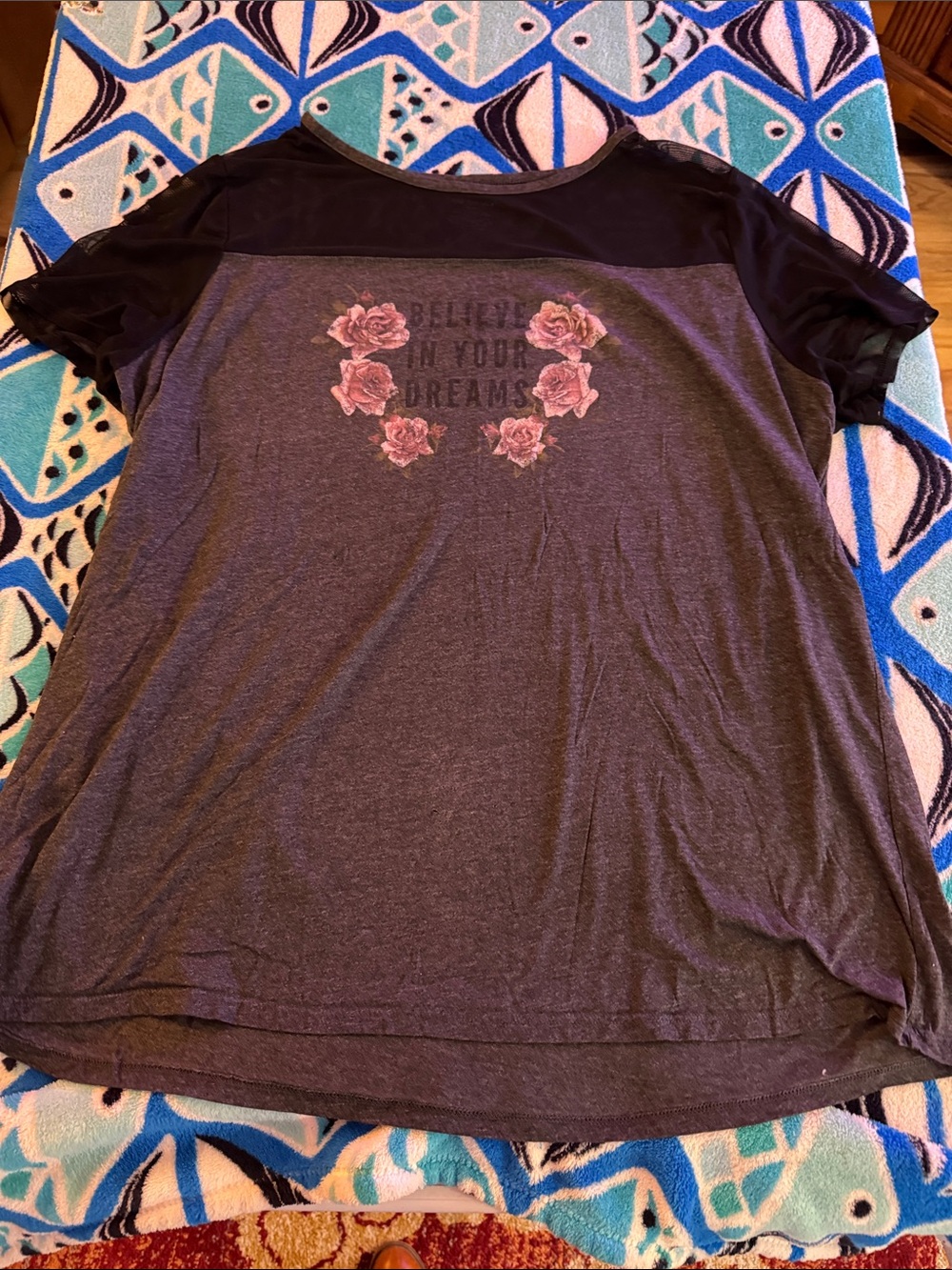 Lane Bryant Charcoal Gray Tee with Black Yoke and Pink Floral Graphic